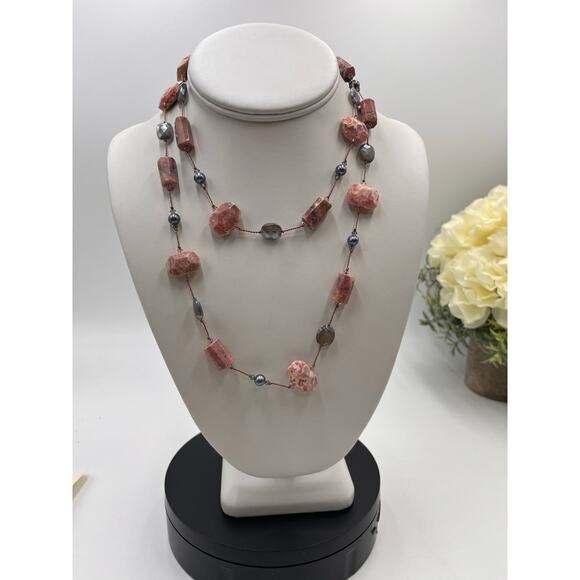 Margo Morrison Rhodochrosite Grey Coated Moonstone and Pearl Crystal Necklace - Picture 2 of 14